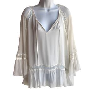 Alice + Olivia White Sheer Silk "Poets Blouse" with Lace, Bell Sleeves size XS
